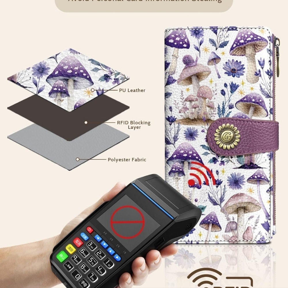 Purple Mushroom Pattern RFID Blocking Wallet Case